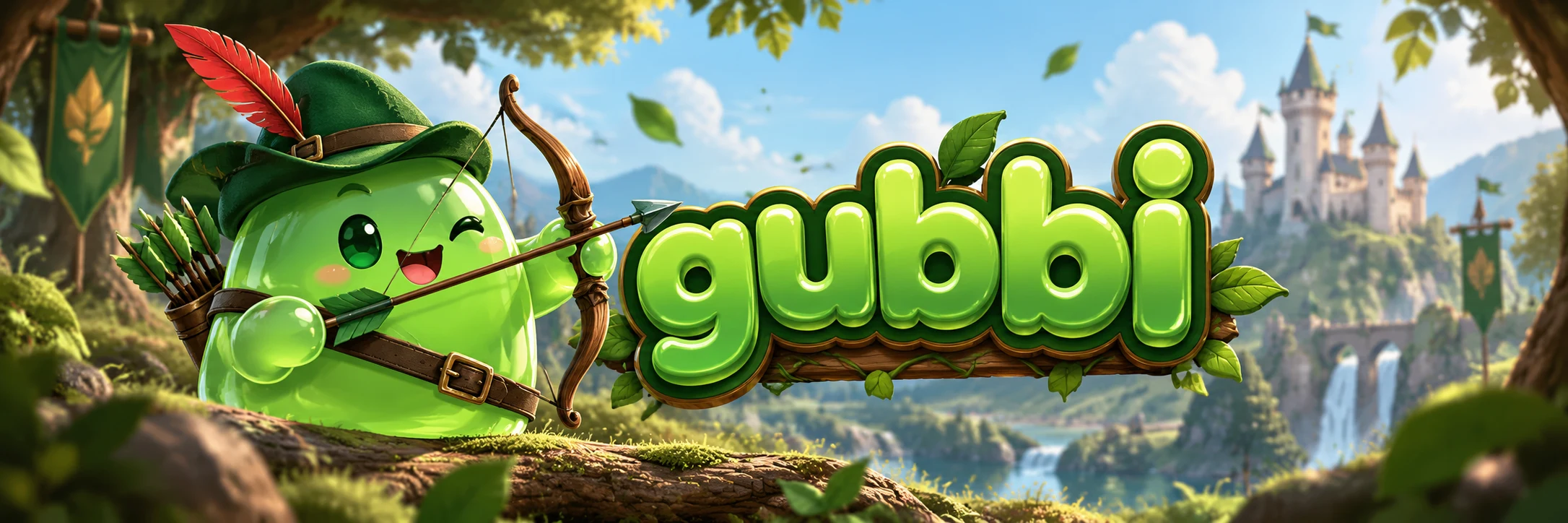 The Gubbi archer in a forest beside the Gubbi wordmark